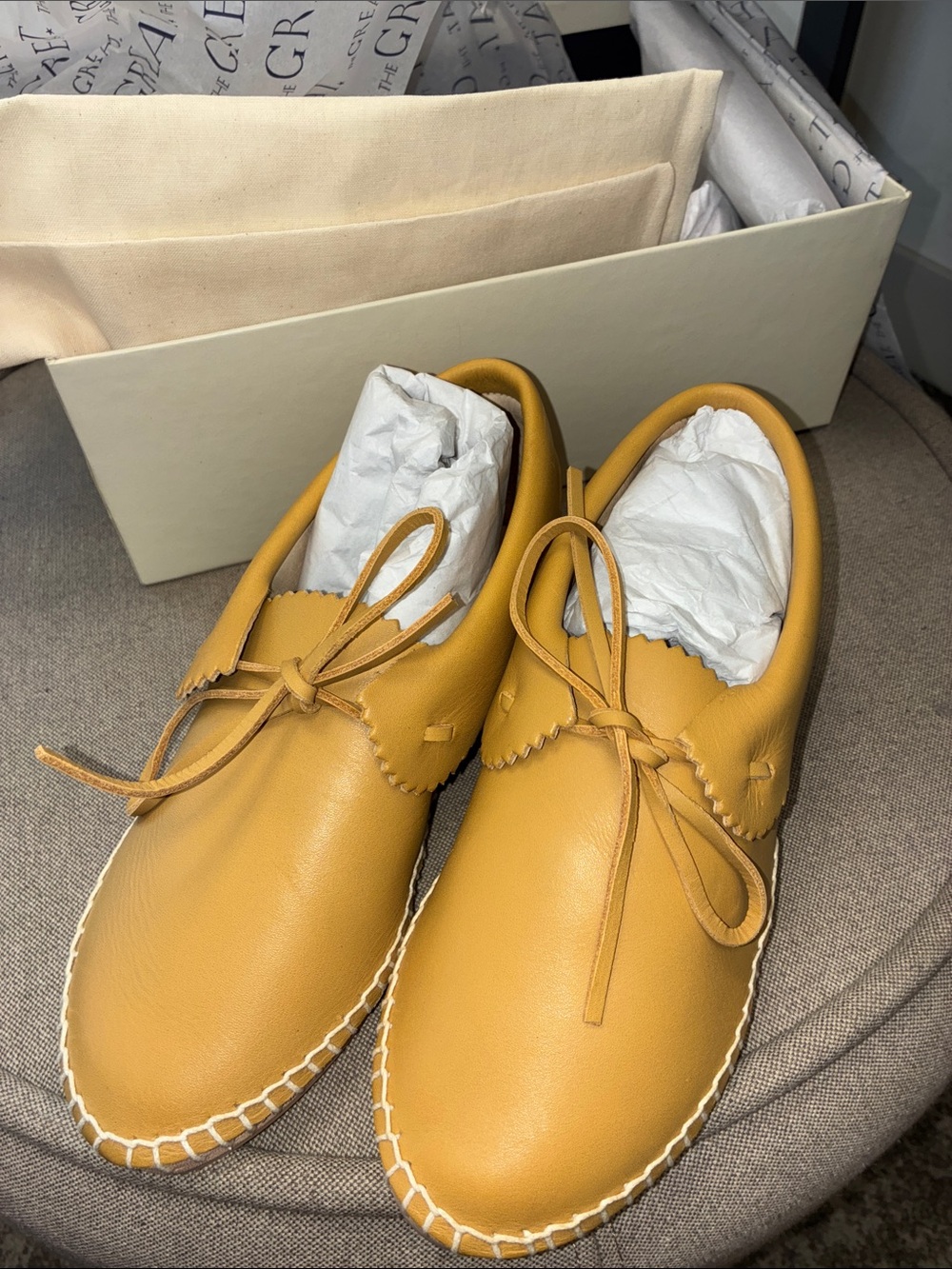 THE GREAT. Mustard Yellow Leather Loafers with Whipstitch Detail with box